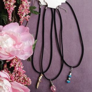 3 Velvet Necklaces With Beaded & Crystal Pendants